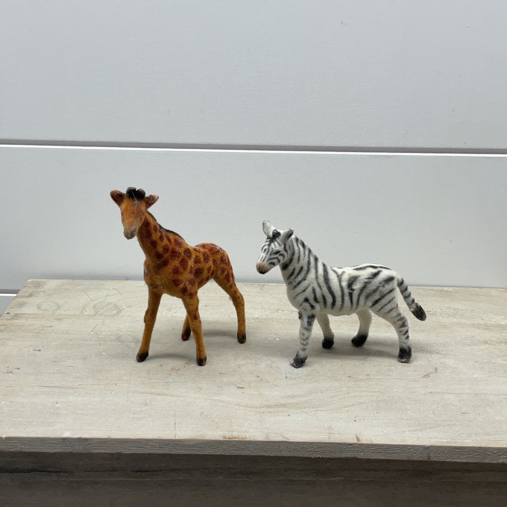 Vintage Style Flocked Safari Animal Figurines Set Giraffe and Zebra Fuzzy 2pc